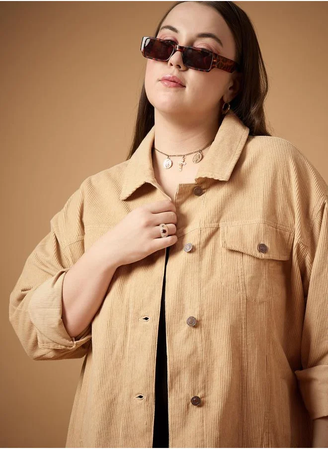 SASSAFRAS Plus Size Corduroy Front Button Shacket with Pocket Detail by Styli