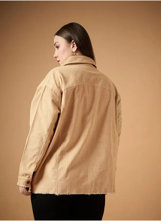 SASSAFRAS Plus Size Corduroy Front Button Shacket with Pocket Detail by Styli