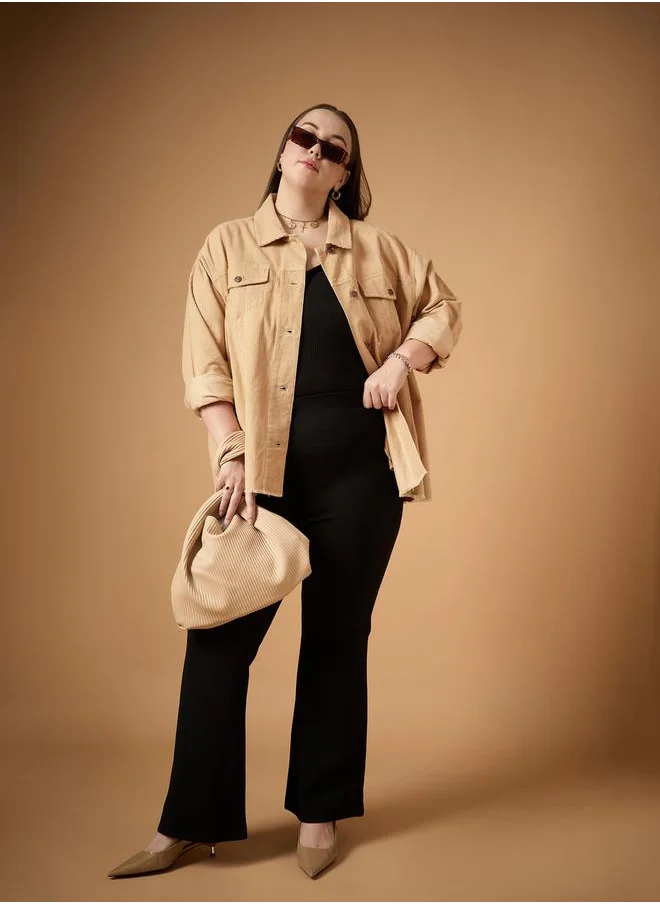 SASSAFRAS Plus Size Corduroy Front Button Shacket with Pocket Detail by Styli