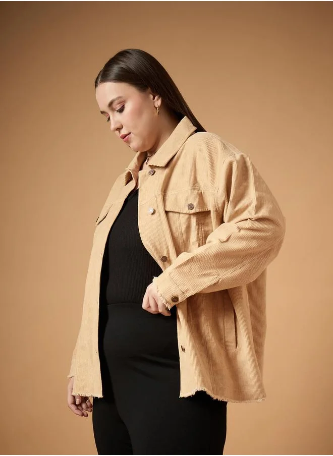 SASSAFRAS Plus Size Corduroy Front Button Shacket with Pocket Detail by Styli