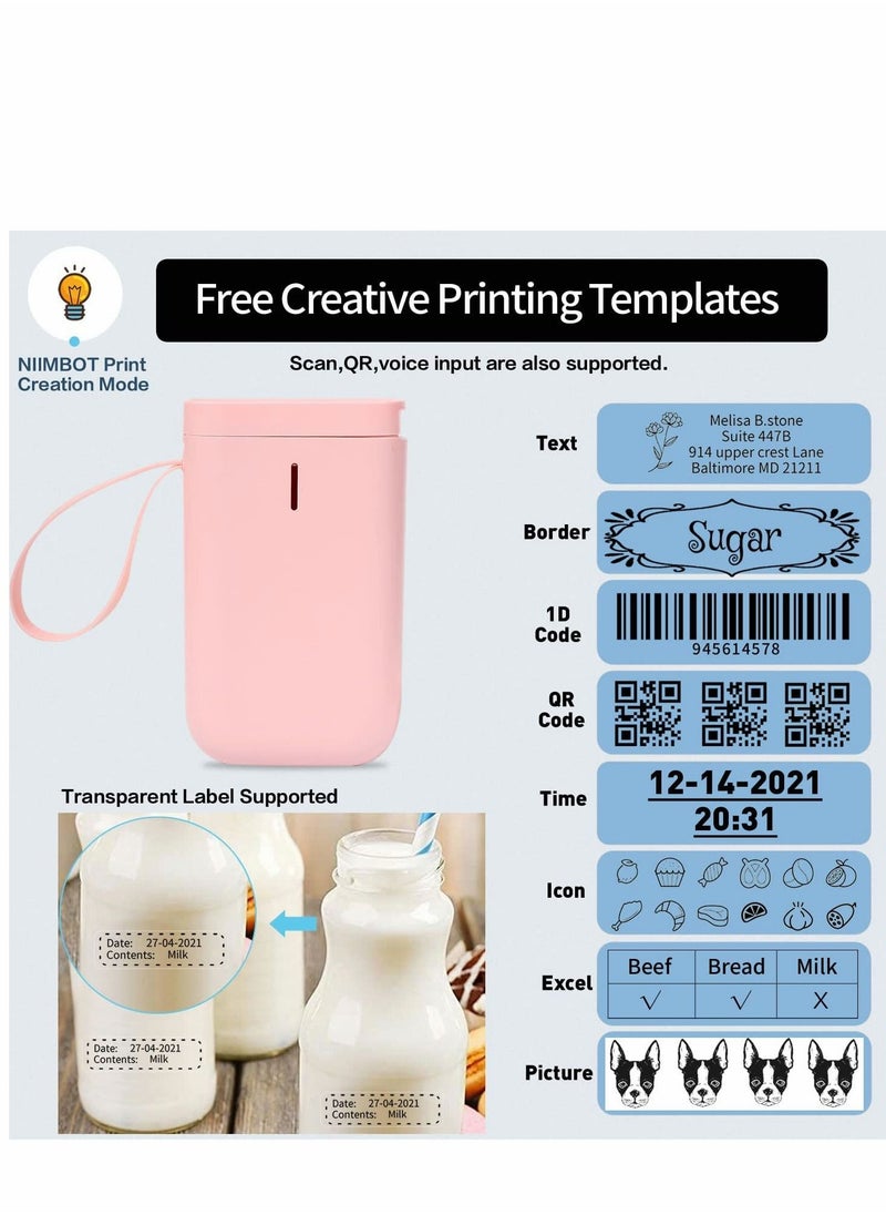 Excefore - Label Maker Machine Tape Portable Wireless Connection Printer Multiple Templates Available for Phone Pad Easy to Use Office Home Organization USB Rechargeable, Pink - Image 1