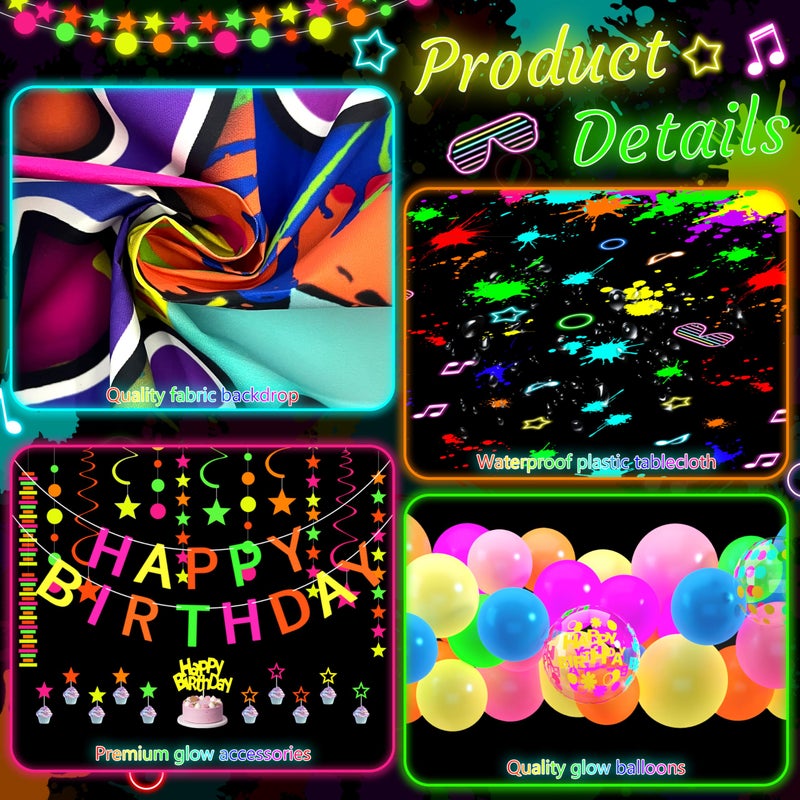 Fayoo Neon Birthday Party Decoration Glow in The Dark Party Supplies Happy Birthday Backdrop Banner Neon Fluorescent Balloons Garland Arch Star Hanging Swirl Black Light Reactive Glow Tape Neon Streamer - Image 3