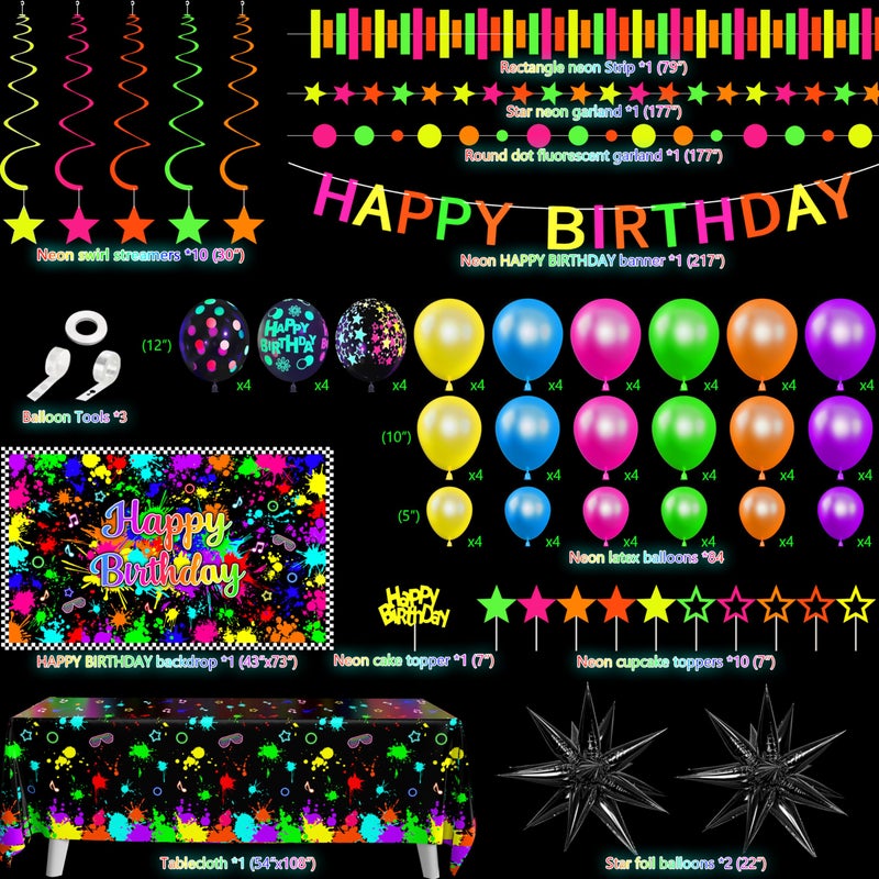 Fayoo Neon Birthday Party Decoration Glow in The Dark Party Supplies Happy Birthday Backdrop Banner Neon Fluorescent Balloons Garland Arch Star Hanging Swirl Black Light Reactive Glow Tape Neon Streamer - Image 2