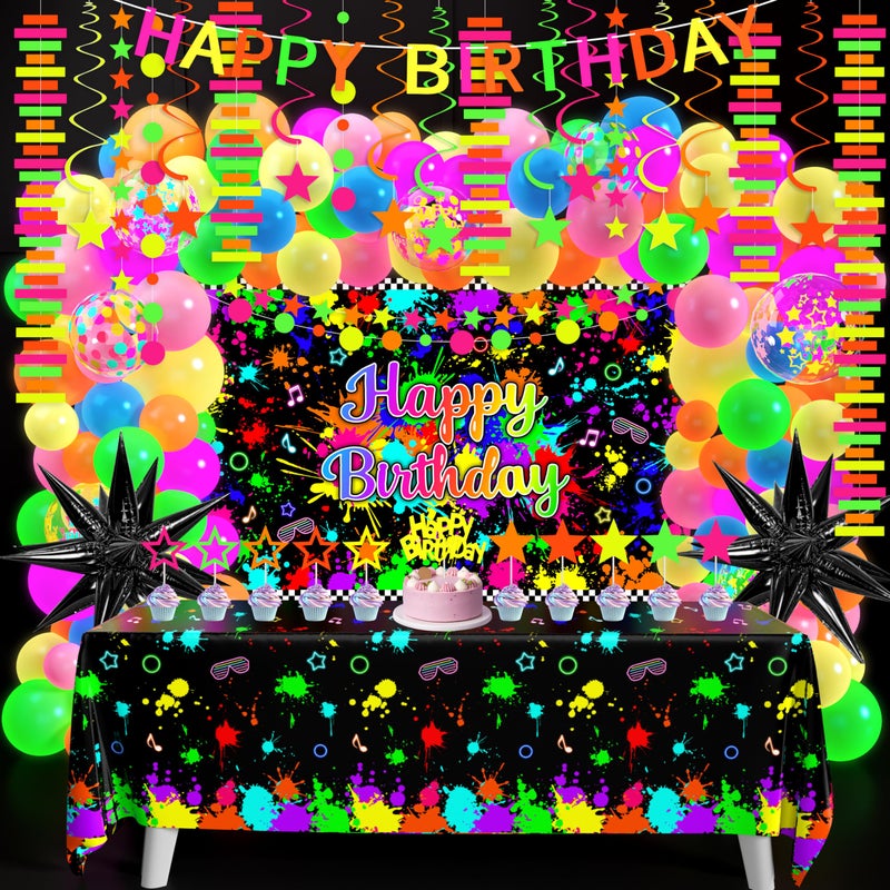 Fayoo Neon Birthday Party Decoration Glow in The Dark Party Supplies Happy Birthday Backdrop Banner Neon Fluorescent Balloons Garland Arch Star Hanging Swirl Black Light Reactive Glow Tape Neon Streamer - Image 1