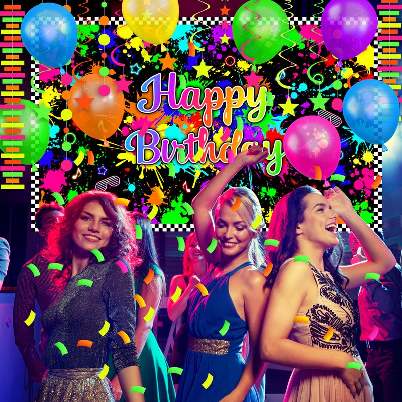 Fayoo Neon Birthday Party Decoration Glow in The Dark Party Supplies Happy Birthday Backdrop Banner Neon Fluorescent Balloons Garland Arch Star Hanging Swirl Black Light Reactive Glow Tape Neon Streamer - Image 5