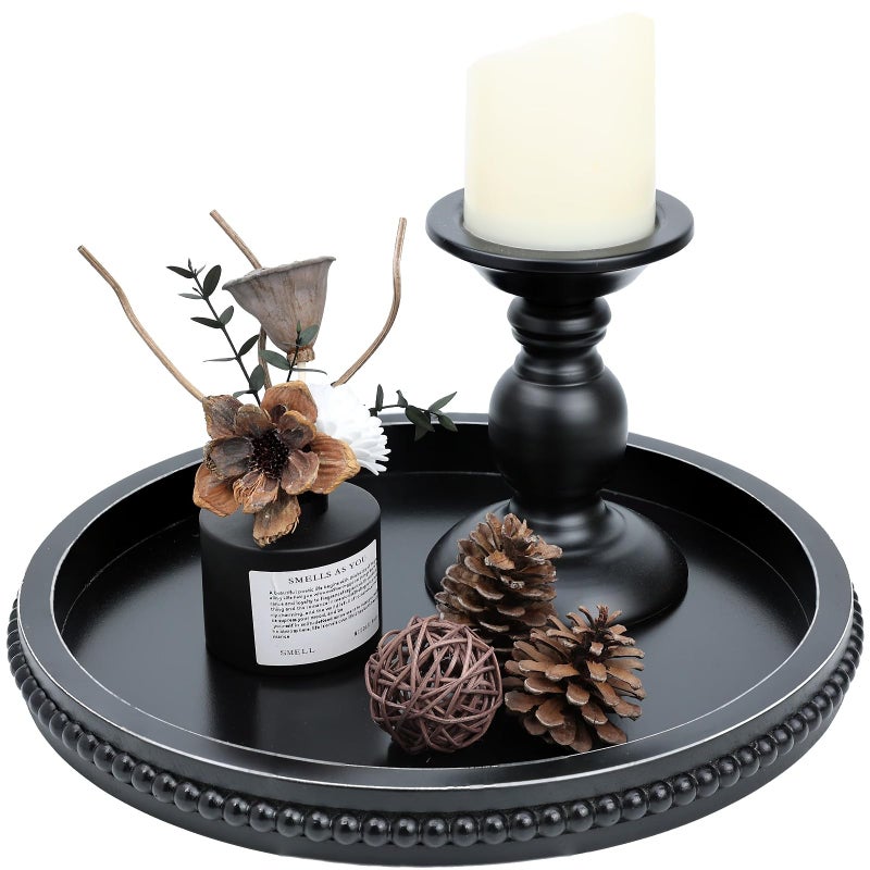 Hrastany Black Round Wood Decorative Ottoman Tray for Coffee Table Kitchen Counter, Living Room, Handcrafted Wooden Serving Tray for Table Centerpiece - Image 1