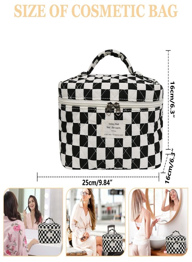 Gosect Makeup Bag Set, Quilted Makeup Bag, Large Floral Cosmetic Bag for Women, Cute Cotton Makeup Bags, Flower Travel Toiletry Organizer Bag, Black Checkered Set, Cute - Image 2