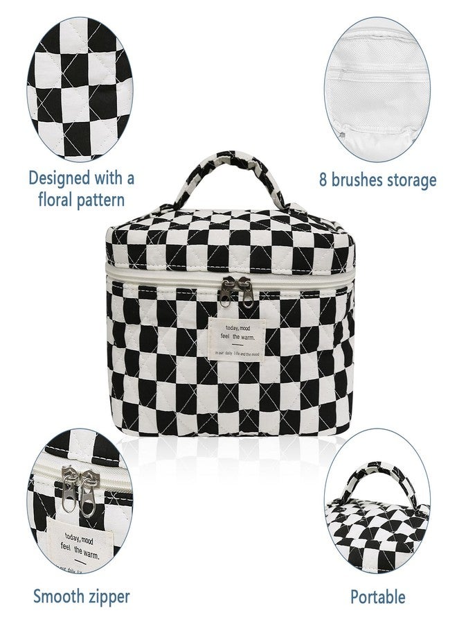 Gosect Makeup Bag Set, Quilted Makeup Bag, Large Floral Cosmetic Bag for Women, Cute Cotton Makeup Bags, Flower Travel Toiletry Organizer Bag, Black Checkered Set, Cute - Image 4