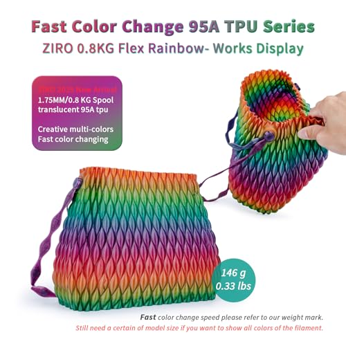 ZIRO Fast Color Change TPU Filament, Color Gradient Rainbow Spool, Flexible 3D Printer Filament, Shore 95A Hardness TPU, Soft 3D Printing Material, 1.76lbs Spool, Fit Most FDM Printer, Flex Rainbow - Image 2
