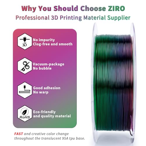 ZIRO Fast Color Change TPU Filament, Color Gradient Rainbow Spool, Flexible 3D Printer Filament, Shore 95A Hardness TPU, Soft 3D Printing Material, 1.76lbs Spool, Fit Most FDM Printer, Flex Rainbow - Image 3