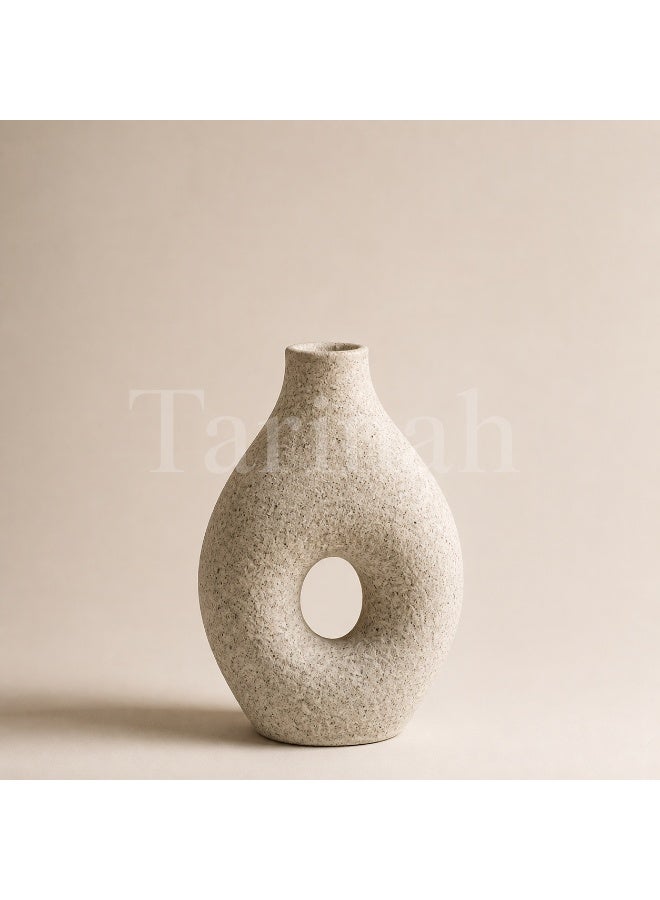 Modern Abstract Ceramic Decorative Vase with Hollow Center, Textured Beige/Off-White, 36cm High - Image 2