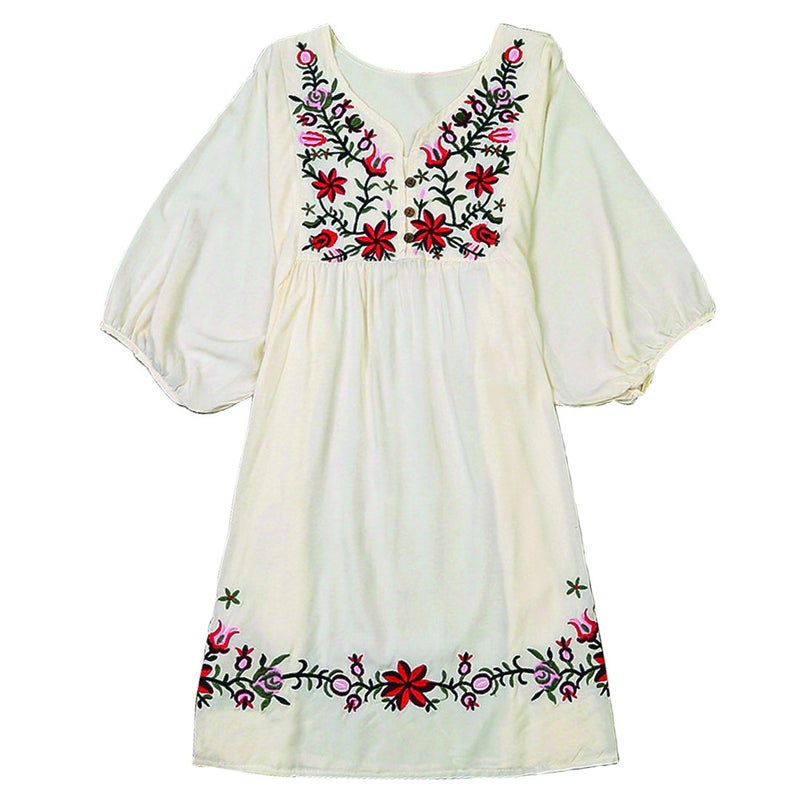Kafeimali Summer Dress V Neck Mexican Embroidered Peasant Women's Dressy Tops Blouses (Beige) - Image 3