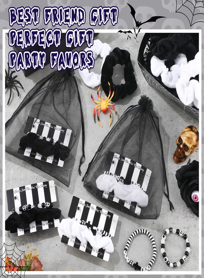 Equsion 80 Pcs Halloween Black and White Party Favors Black White Friendship Bracelet with Hair Scrunchie and Invitation Card for Women Halloween Day of the Dead Witch Custom Party Supplies - Image 3