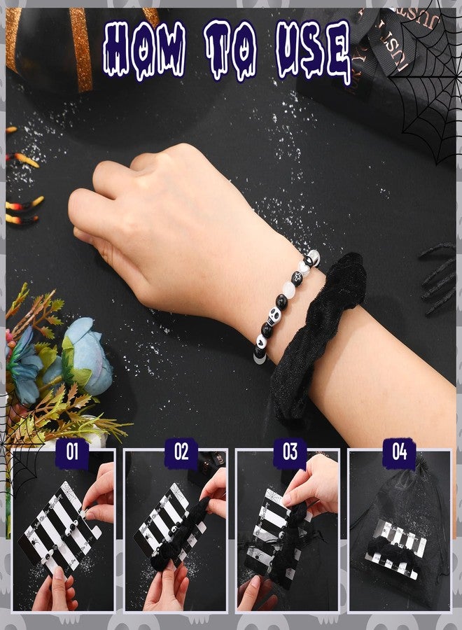 Equsion 80 Pcs Halloween Black and White Party Favors Black White Friendship Bracelet with Hair Scrunchie and Invitation Card for Women Halloween Day of the Dead Witch Custom Party Supplies - Image 4