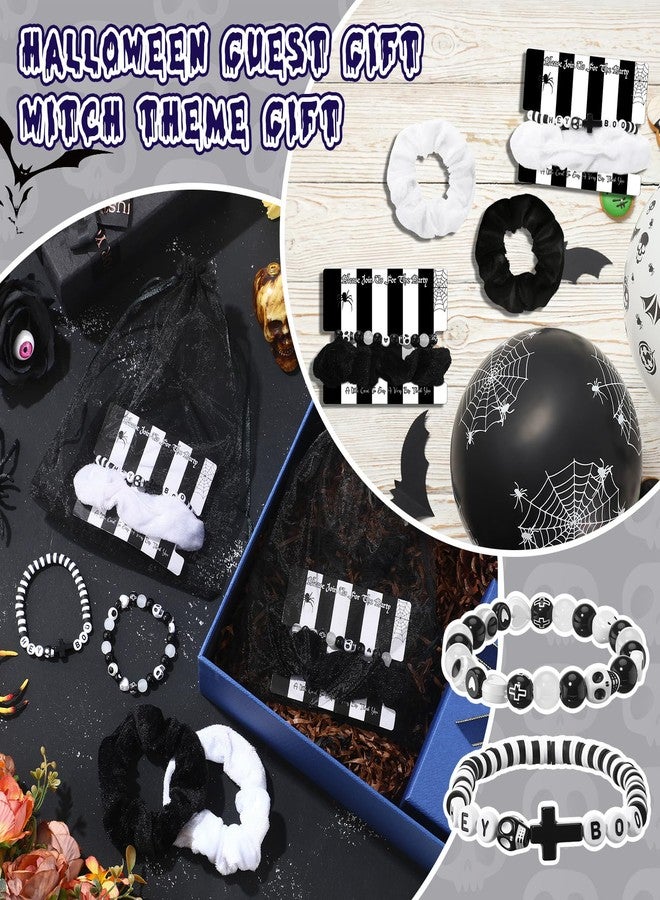 Equsion 80 Pcs Halloween Black and White Party Favors Black White Friendship Bracelet with Hair Scrunchie and Invitation Card for Women Halloween Day of the Dead Witch Custom Party Supplies - Image 5
