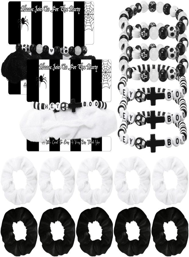 Equsion 80 Pcs Halloween Black and White Party Favors Black White Friendship Bracelet with Hair Scrunchie and Invitation Card for Women Halloween Day of the Dead Witch Custom Party Supplies - Image 1