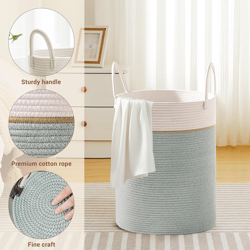 SunNewt Tall Laundry Basket with Handles, 58L Portable Dirty Clothes Hamper, Boho Cotton Rope Storage Bin for Blankets Kids Toys Gifts, Decorative Organizer for Nursery Bedroom Bathroom, Sage Green - Image 3
