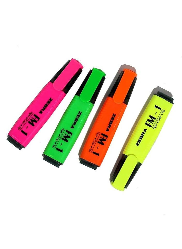Zebra Fluorescent FM1 Highlighters Set of 4 Green Pink Orange and Yellow - Image 1
