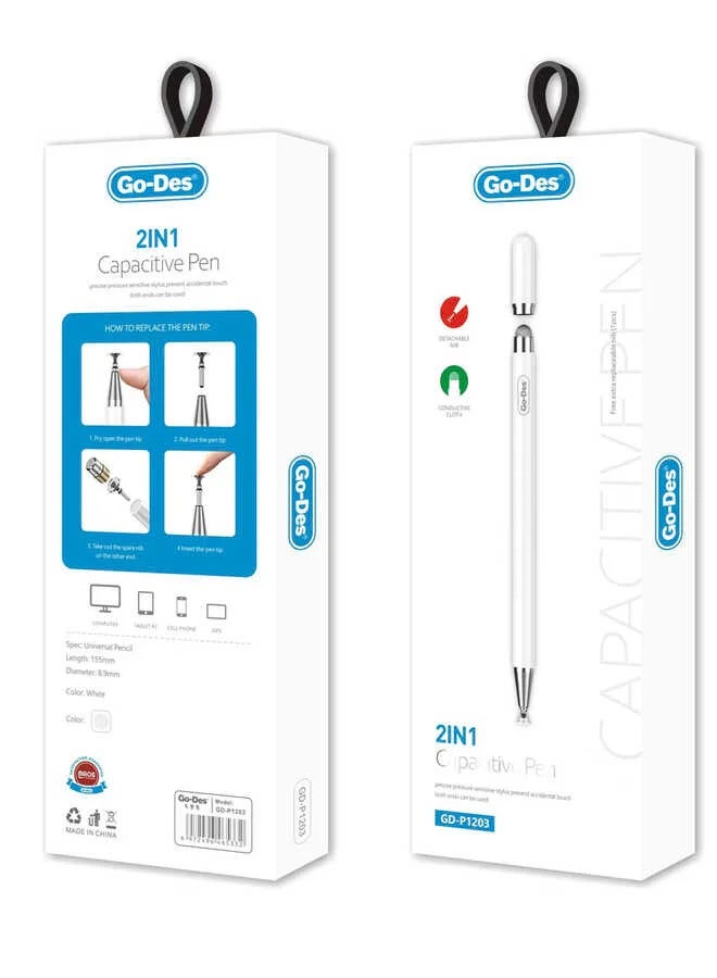 جو-ديز قلم اللمس السعوي Go Des GD-P1203 2 في 1 باللون الأبيض - Image 3
