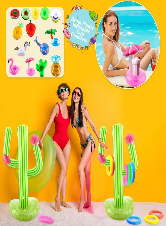 Sonarun 14 Pack Inflatable Drink Holder Floating Cup Holder Pool Drink Holder Floating Coasters and Set of Inflatable Cactus Ring Toss Game for Kids Summer Water Activities Pool Party Supplies - Image 3