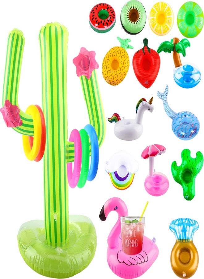 Sonarun 14 Pack Inflatable Drink Holder Floating Cup Holder Pool Drink Holder Floating Coasters and Set of Inflatable Cactus Ring Toss Game for Kids Summer Water Activities Pool Party Supplies - Image 1