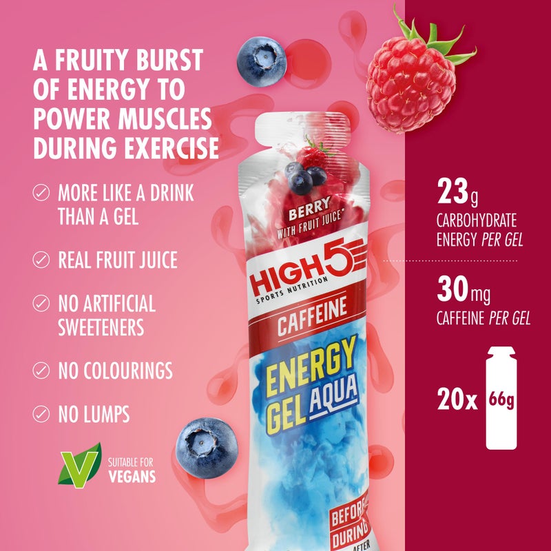 High5 Aqua Caffeine Carbohydrate Gels - Running Supplements for Fast Energy - Natural Fruit Juice - Muscle Gel Endurance Fuel for Cycle Nutrition & Energy Gels for Hiking (Berry, 20 x 66g) - Image 2