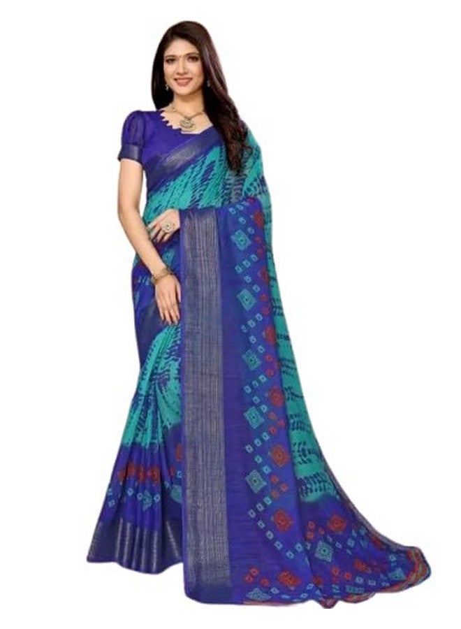 Women's Printed Zari Bollywood Cotton Blend Border Saree with Blouse (Blue)  - Image 1