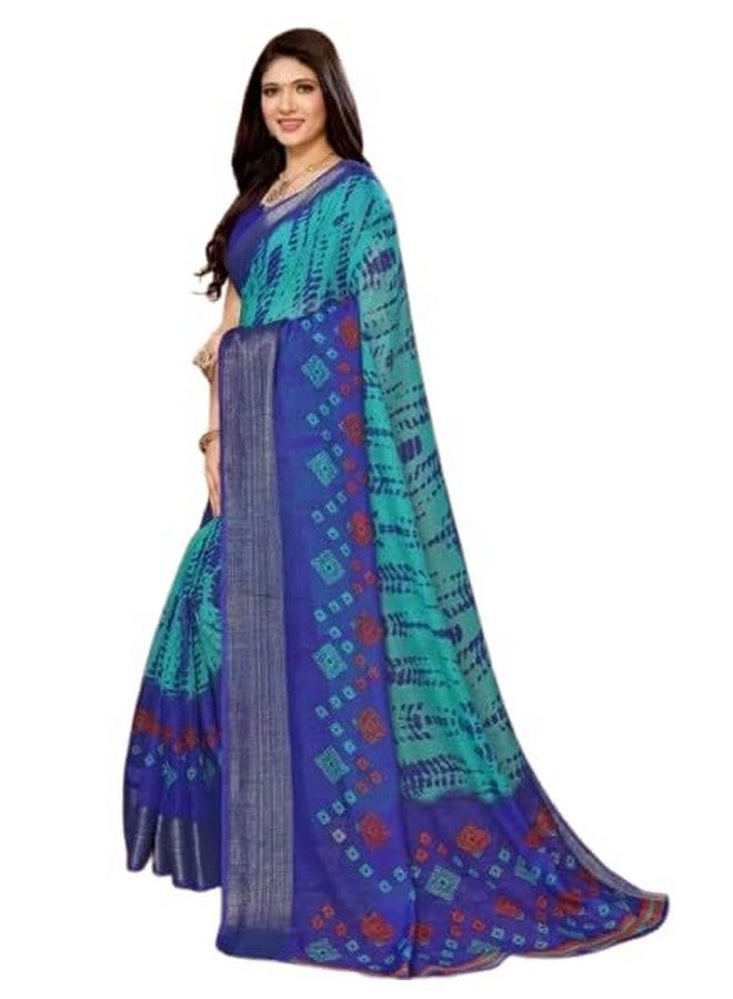 Women's Printed Zari Bollywood Cotton Blend Border Saree with Blouse (Blue)  - Image 4