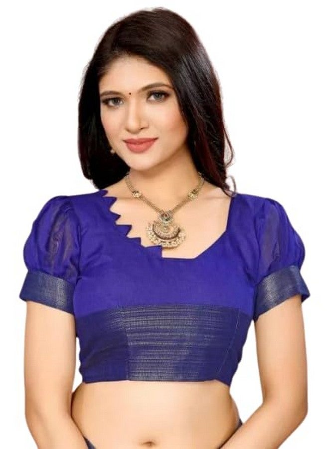 Women's Printed Zari Bollywood Cotton Blend Border Saree with Blouse (Blue)  - Image 5