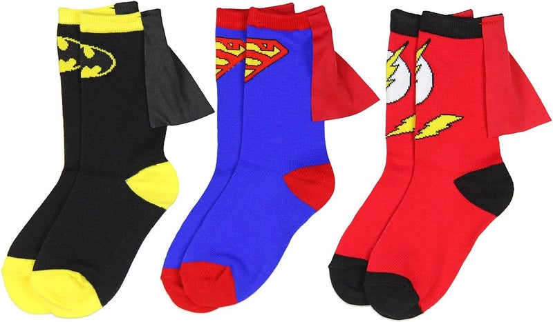 Superhero DC Comics Superhero Batman Superman The Flash Youth Boys Caped Crew Socks 3 Pack - Image 1