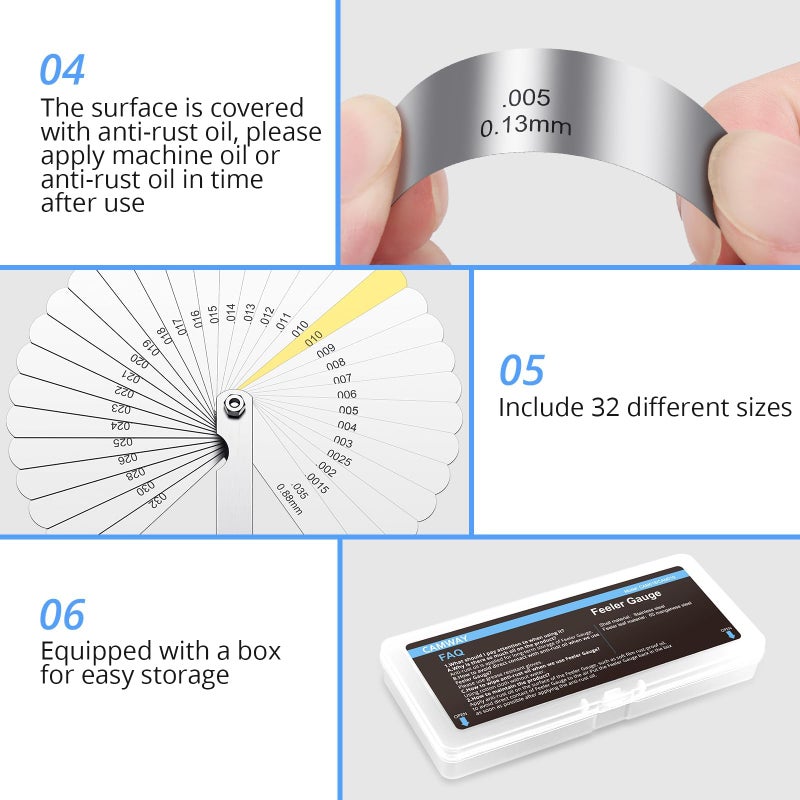 CAMWAY مقياس الفجوة من كامواي من الفولاذ المقاوم للصدأ، 32 قطعة شفرات مقياس الفجوة الفولاذية 0.0015-0.035 بوصة / 0.04-0.88 مم مع علامات مزدوجة للقياس المتري والإمبراطوري لصمامات، أداة قياس الفجوة - Image 5