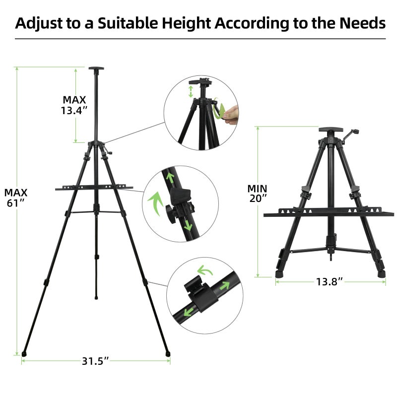 Newzealkids Artist Easel Stand Painting Stand Art Easel, 20" to 61" Art Easel for Painting Canvase & Displaying, Aluminum Adjustable Height Display Tripod with Portable Bag/Folding Keg/Apron.(Black) - Image 4