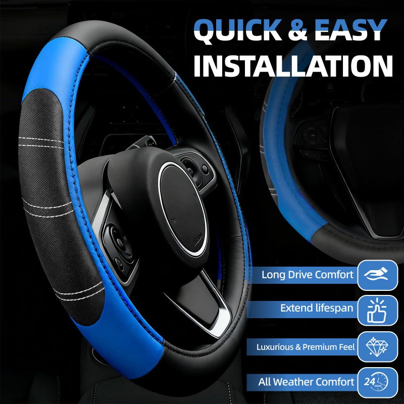 NBTEPEM 6 Pcs Blue Car Accessories Set, Sport Leather Steering Wheel Cover 14.5-15inch Universal, Microfiber Leather Car Center Console Cover, Seat Belt Cushion, Cup Holder Coaster (Black-Blue) - Image 2