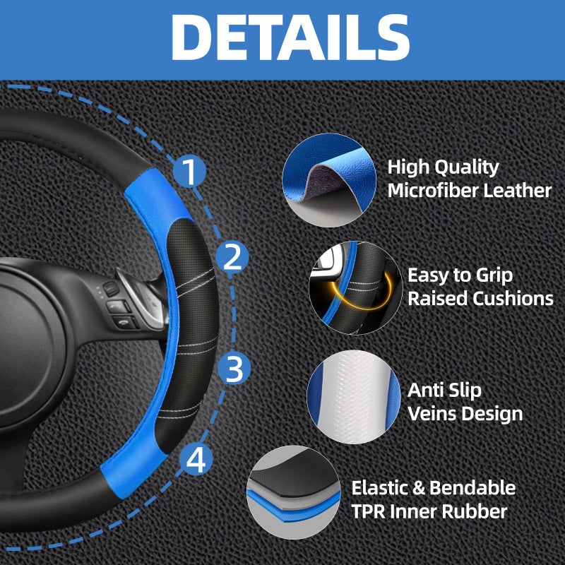 NBTEPEM 6 Pcs Blue Car Accessories Set, Sport Leather Steering Wheel Cover 14.5-15inch Universal, Microfiber Leather Car Center Console Cover, Seat Belt Cushion, Cup Holder Coaster (Black-Blue) - Image 3
