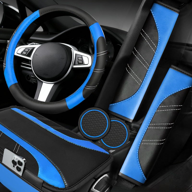 NBTEPEM 6 Pcs Blue Car Accessories Set, Sport Leather Steering Wheel Cover 14.5-15inch Universal, Microfiber Leather Car Center Console Cover, Seat Belt Cushion, Cup Holder Coaster (Black-Blue) - Image 1