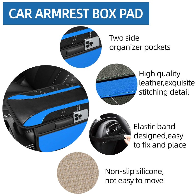 NBTEPEM 6 Pcs Blue Car Accessories Set, Sport Leather Steering Wheel Cover 14.5-15inch Universal, Microfiber Leather Car Center Console Cover, Seat Belt Cushion, Cup Holder Coaster (Black-Blue) - Image 4