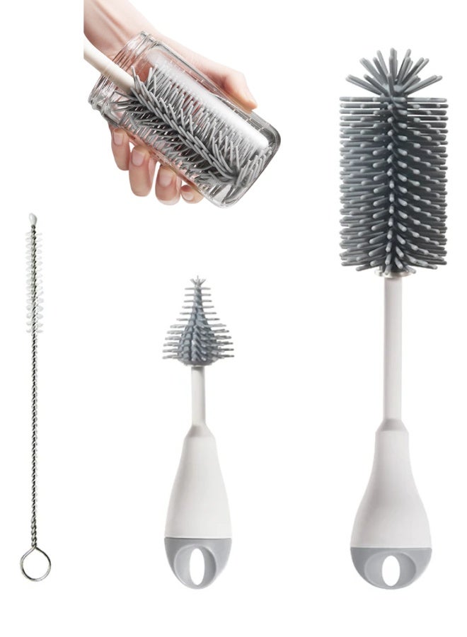 Bottle Cleaning Set - A 3-piece kit designed for thorough cleaning of bottles, featuring a large brush, a small brush, and a specialized straw cleaner for hard-to-reach areas - Grey - Image 1