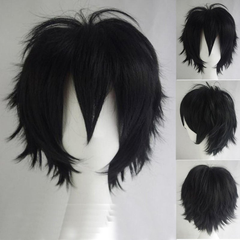 S-noilite Unisex Short Cosplay Black Hair Wig Women Men Male Fluffy Straight Pixie Wigs for Cartoon Anime Comic-cons Party Halloween Costume Black - Image 1