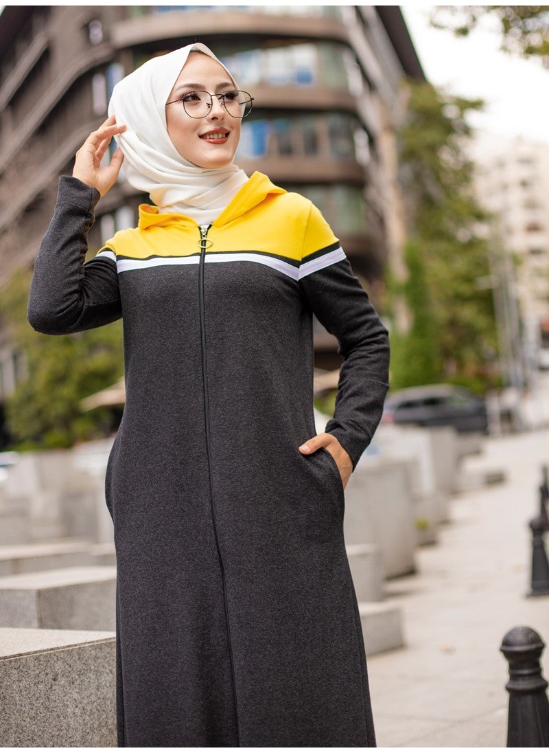 Tofisa - Zippered Sports Abaya - Anthracite Mustard - - Image 1