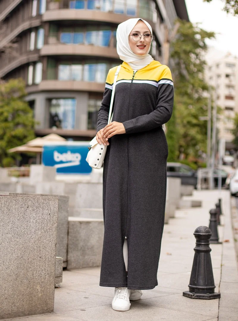Tofisa Zippered Sports Abaya - Anthracite Mustard -