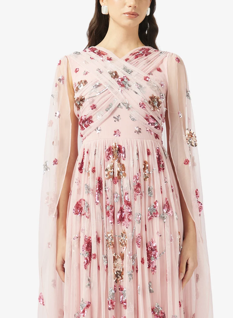 Frock and Frill  Embellished Cape Sleeve Maxi Dress for Women | Best Price UAE