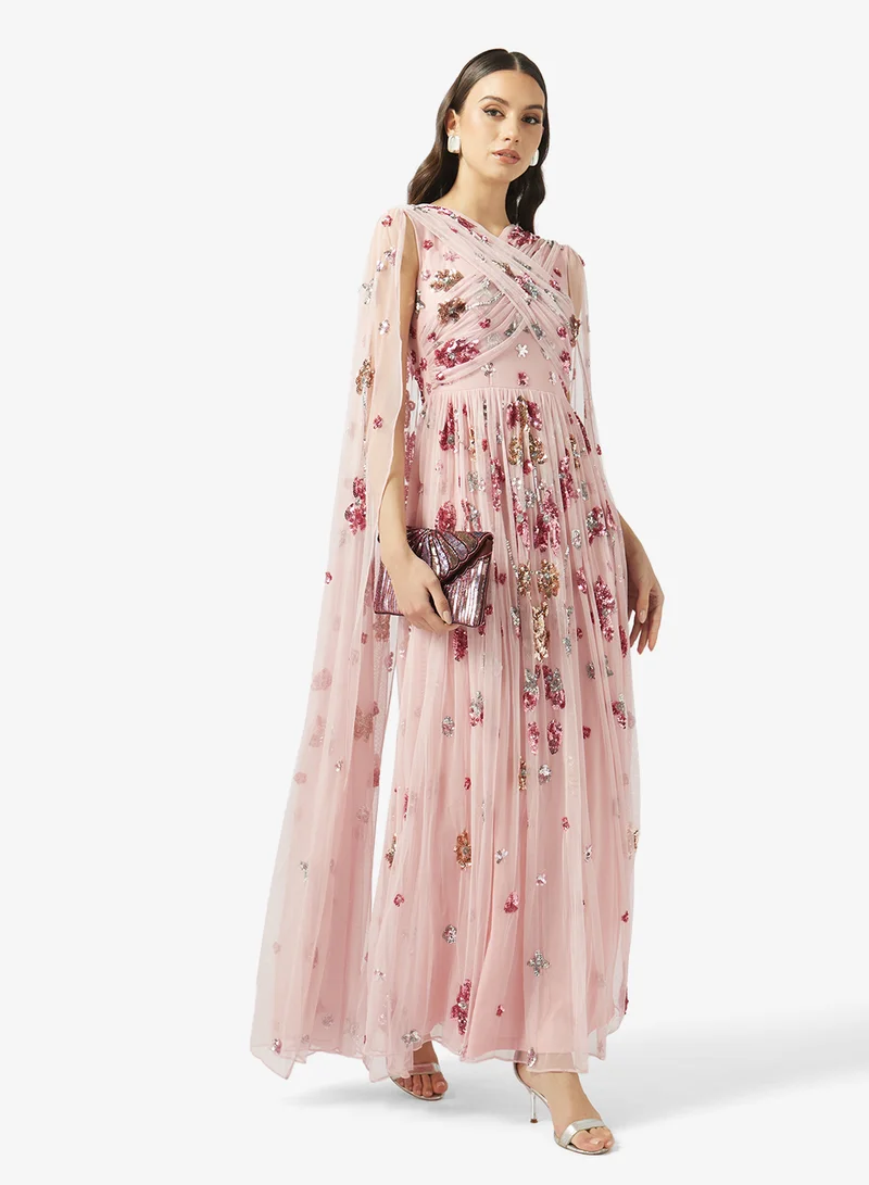 Frock and Frill  Embellished Cape Sleeve Maxi Dress for Women | Best Price UAE