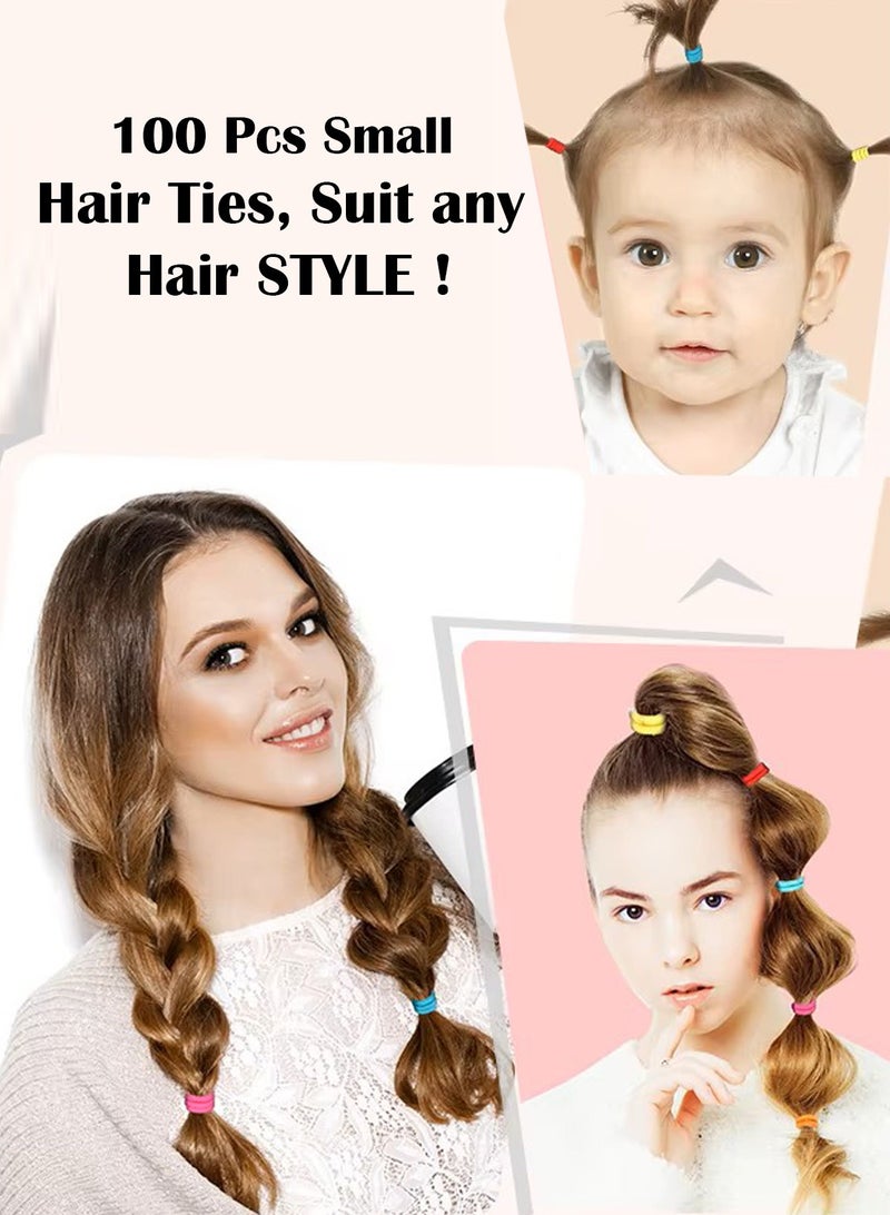 Lelet 100pcs Small Hair Ties Band for Thick and Curly Hair Ponytail Holders Soft & Seamless Baby Hair Ties, Hair Elastic Band for Women or Baby Girls With Box- Neon - Image 2