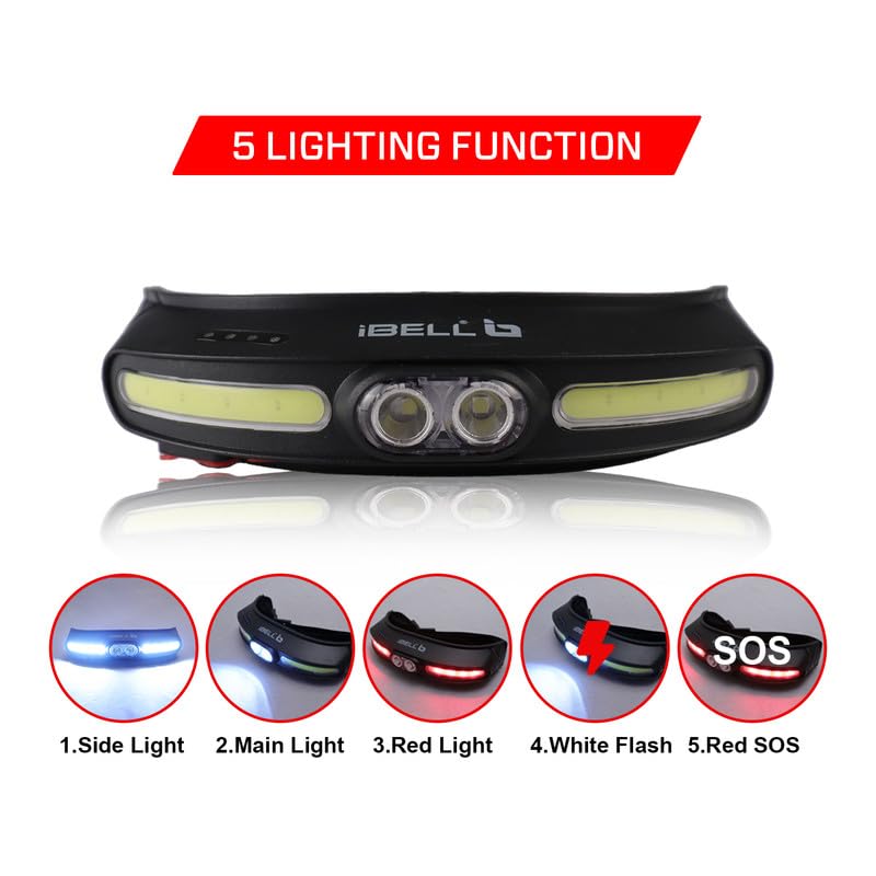 iBELL مصباح رأس HL8245S القابل لإعادة الشحن مع حزام رأس، مصباح يدوي LED فائق السطوع مع أوضاع إضاءة متنوعة (أسود) - Image 2