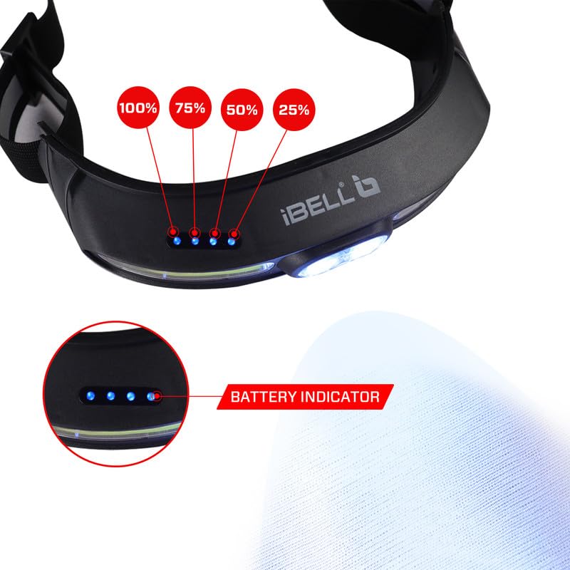 iBELL مصباح رأس HL8245S القابل لإعادة الشحن مع حزام رأس، مصباح يدوي LED فائق السطوع مع أوضاع إضاءة متنوعة (أسود) - Image 4