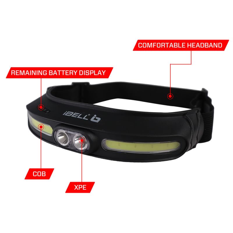 iBELL مصباح رأس HL8245S القابل لإعادة الشحن مع حزام رأس، مصباح يدوي LED فائق السطوع مع أوضاع إضاءة متنوعة (أسود) - Image 5