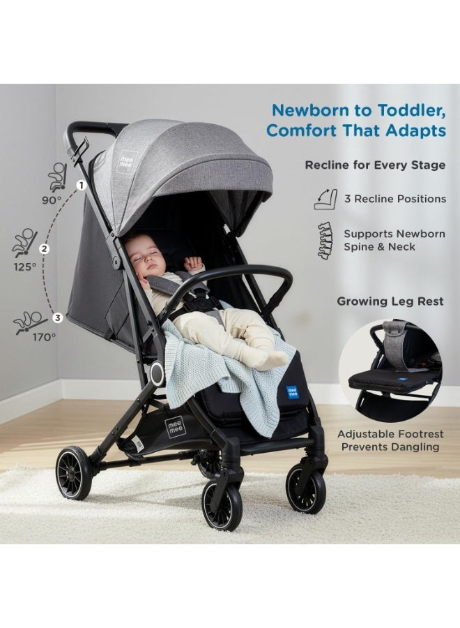 Mee Mee Baby Haven Lightweight Travel Stroller | Cabin-Approved Compact Fold Pram | 6.8 kg Ultra-Light with T-Handle Suitcase Glide | EN 1888 Certified, XXL Canopy & All-Wheel Suspension (Grey) - Image 3
