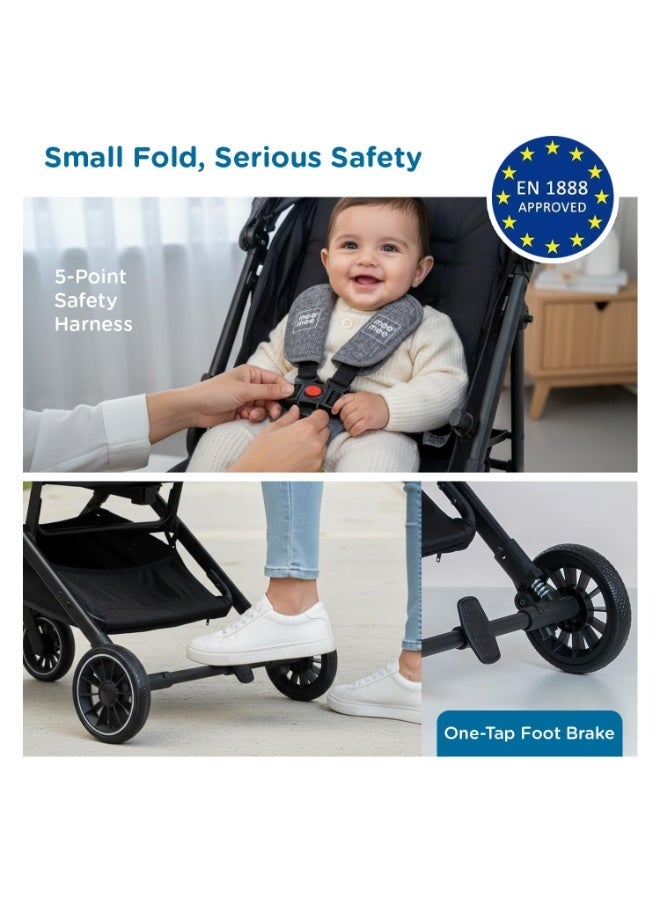 Mee Mee Baby Haven Lightweight Travel Stroller | Cabin-Approved Compact Fold Pram | 6.8 kg Ultra-Light with T-Handle Suitcase Glide | EN 1888 Certified, XXL Canopy & All-Wheel Suspension (Grey) - Image 2