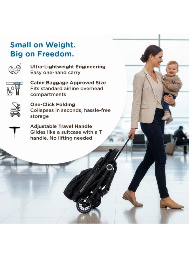 Mee Mee Baby Haven Lightweight Travel Stroller | Cabin-Approved Compact Fold Pram | 6.8 kg Ultra-Light with T-Handle Suitcase Glide | EN 1888 Certified, XXL Canopy & All-Wheel Suspension (Grey) - Image 4