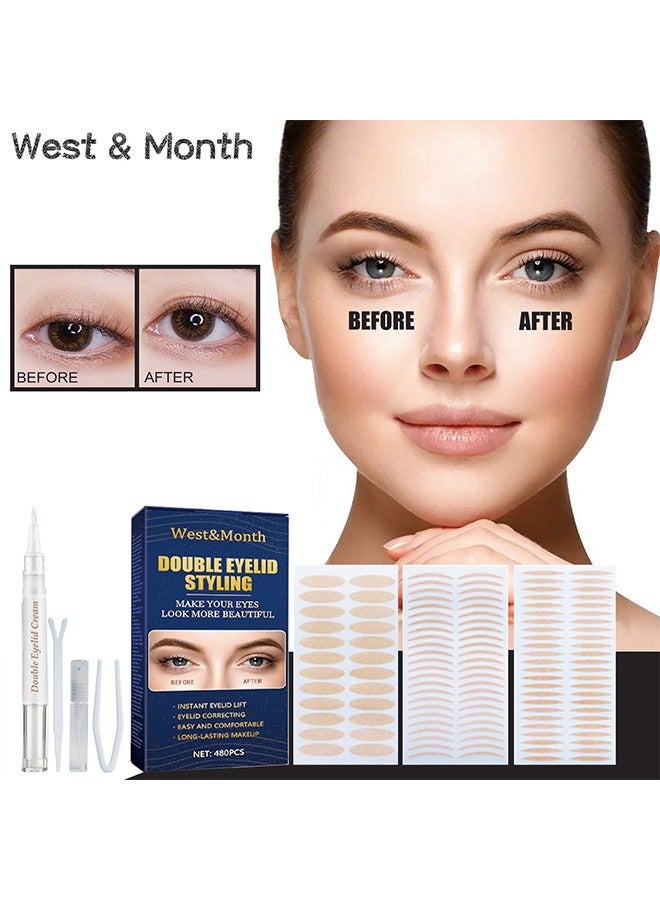 West&Month Double Eyelid Styling - Eyelid Tape,480pcs Eyelid Lifter Strips, Waterproof Double Eyelid Strips,Instant Eyelid Lift for Heavy Saggy, Uneven,Hooded, Mono-eyelids, with Fork Rods and Tweezers  - Image 1